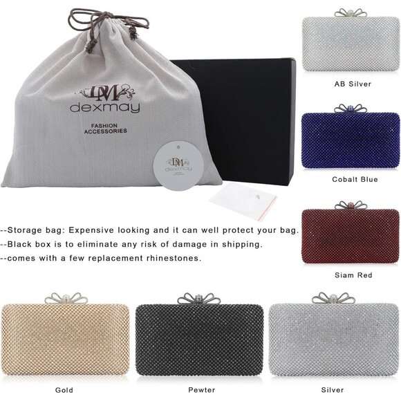 ⚡ Women's Gold Rhinestone Crystal Bow Clasp Metal Chain Evening Clutch Handbag - Picture 7 of 7